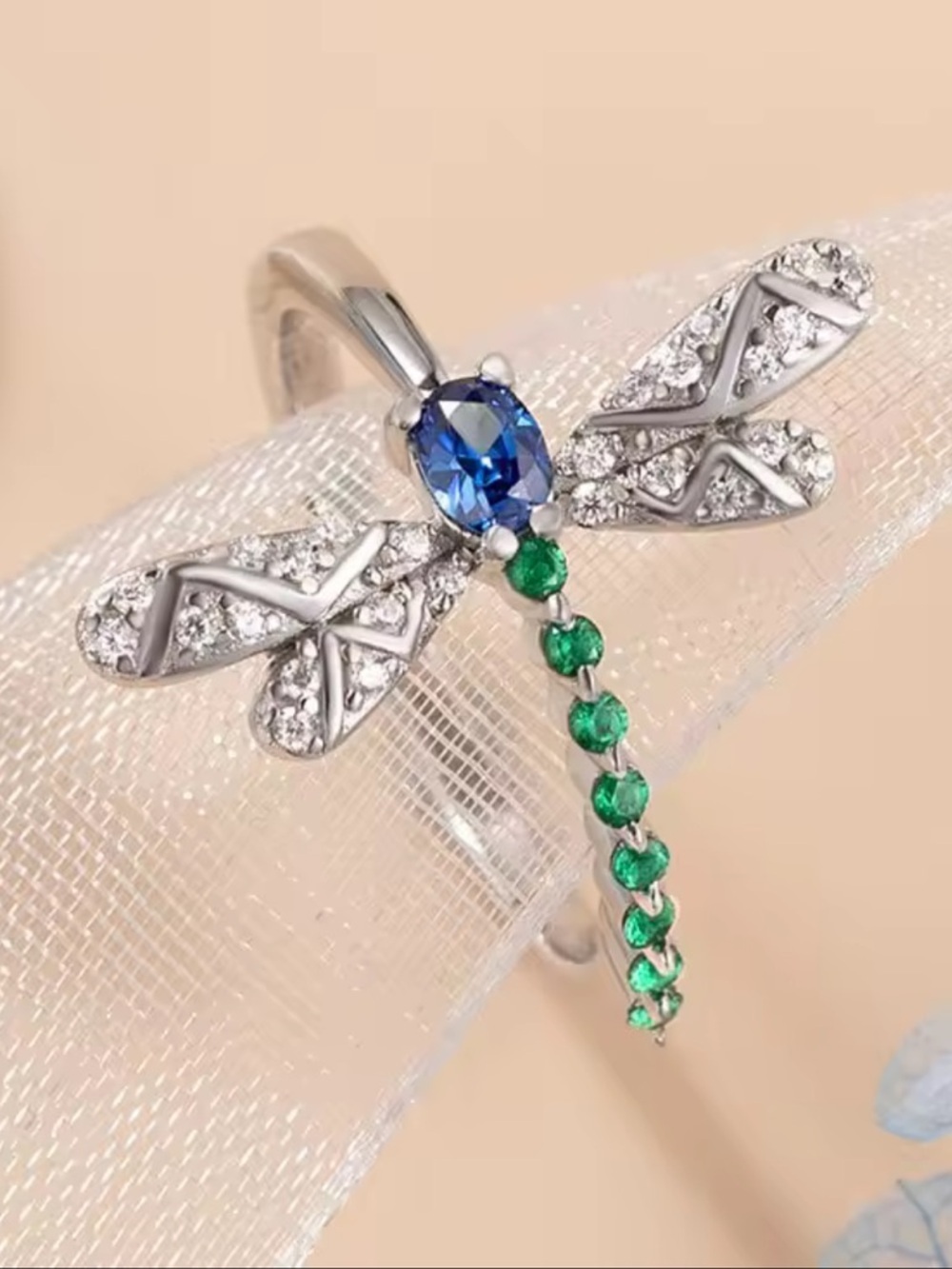 Dragonfly Silver Diamond Crystal Ring